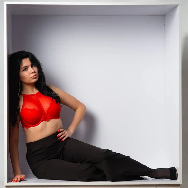 Attractive Sexy Young Brunette Model Wearing Red Crop Top Black — Stock Photo, Image