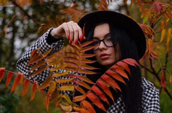 Ung Vacker Flicka Svart Hatt Poserar Vid Kameran Med Höstlöv — Stockfoto