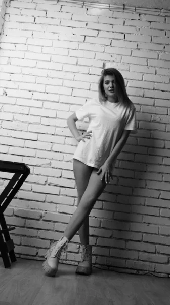Black White Photo Young Beautiful Woman Long Hair Wearing Shirt — Stock Photo, Image