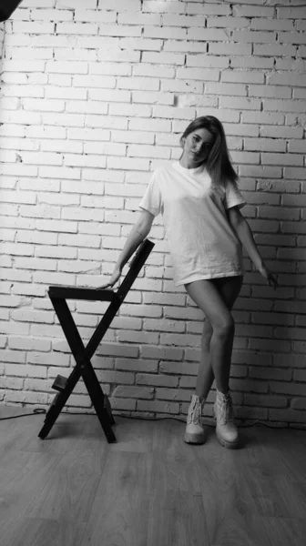 Black White Photo Young Beautiful Woman Long Hair Wearing Shirt — Stock Photo, Image