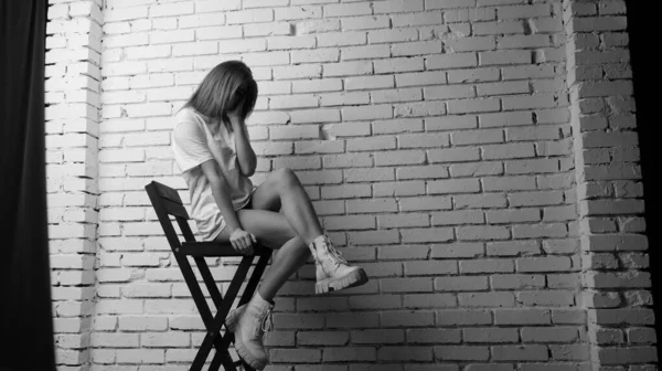 Black White Photo Young Beautiful Woman Long Hair Wearing Shirt — Stock Photo, Image