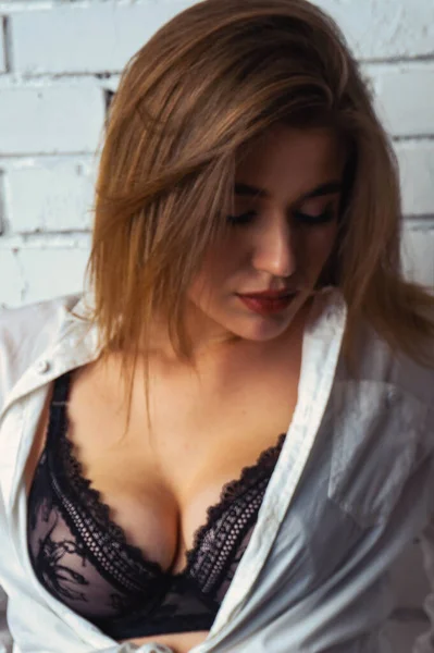 Photo Young Beautiful Sensual Sexy Woman Long Hair Wearing White — Stock Photo, Image