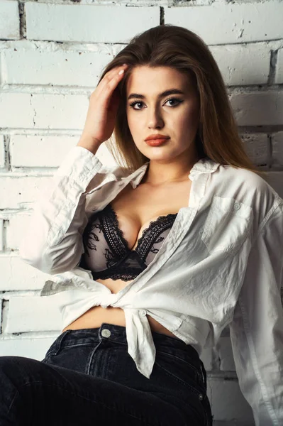 Portrait Beautiful Sensual Sexy Blonde Girl White Brick Wall Studio — Stock Photo, Image