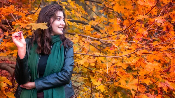 Young Woman Scarf Posing Camera Autumn Park — Stock Photo, Image