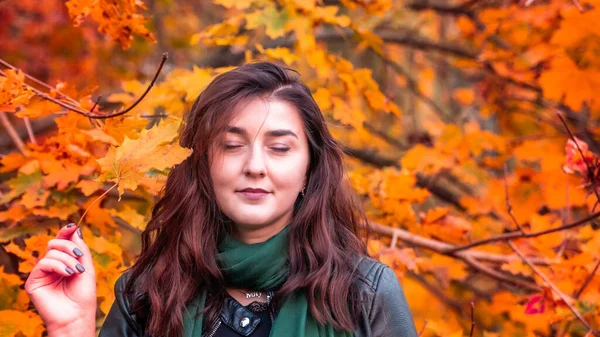 Güz parkında eşarplı genç bir kadın kameraya poz veriyor.