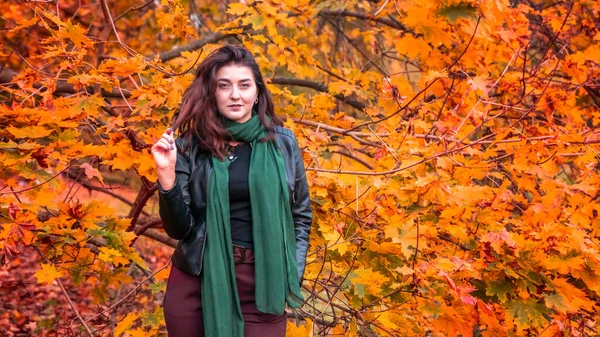 Güz parkında eşarplı genç bir kadın kameraya poz veriyor.