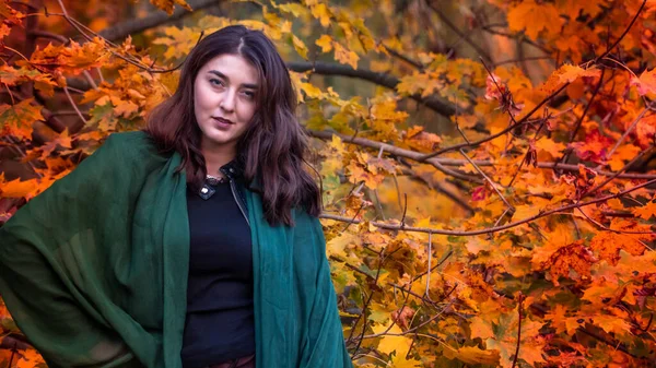 Güz parkında eşarplı genç bir kadın kameraya poz veriyor.