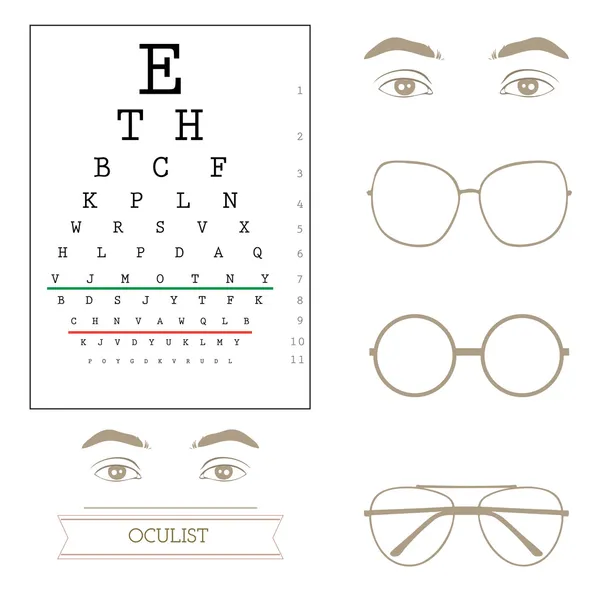 Eyesight test chart, eyeglasses — Stock Vector