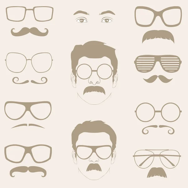 Front profile faces with Mustaches, sunglasses, eyeglass — Stock Vector