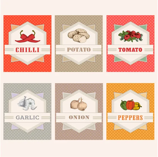 Vegetables labels, garlic, tomato, potato, onion, chilly, pepper — Stock Illustration Vegetables labels, garlic, tomato, potato, onion, chilly, pepper Stock Illustration