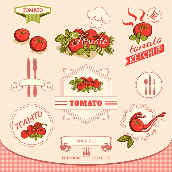 Verduras de tomate, diseño de empaquetado de etiquetas de producto — Vector de stock