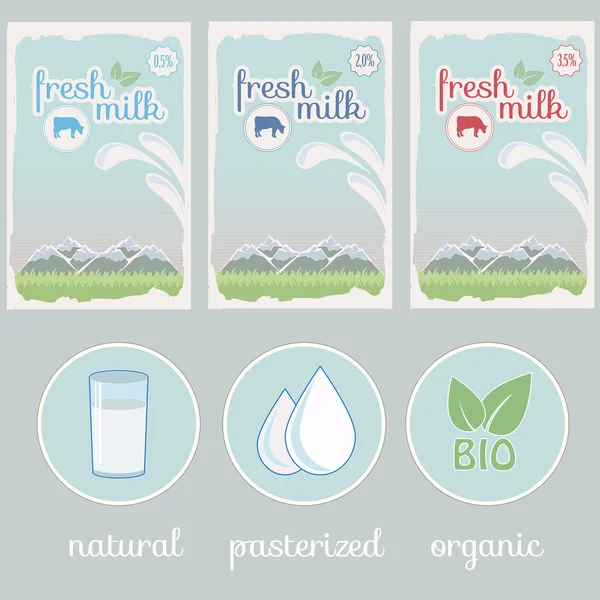 Milch, Produktetikett, Verpackungsdesign im Hintergrund — Stockvektor