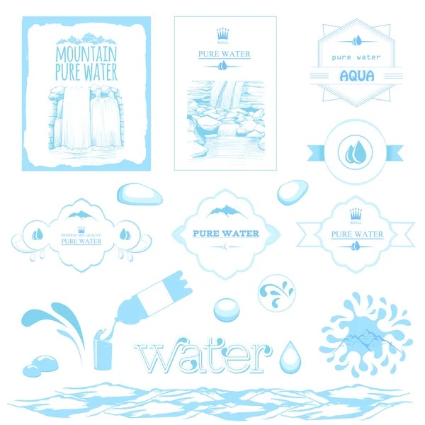 Etiquetas de água, gotas, respingos, paisagem de montanha e cachoeira — Vetor de Stock