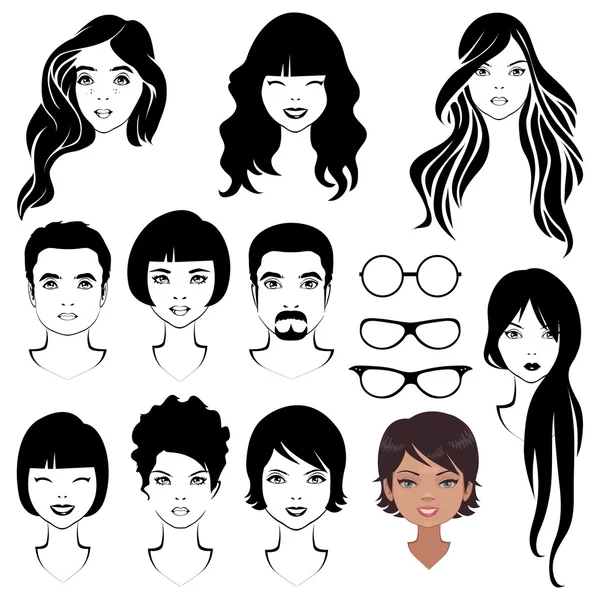 Eye mustache lips and hair, face parts, head character — Stock Vector