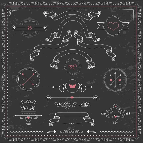 Éléments de design mignon vectoriel, invitation de mariage tableau noir, rubans vintage et cadre — Image vectorielle