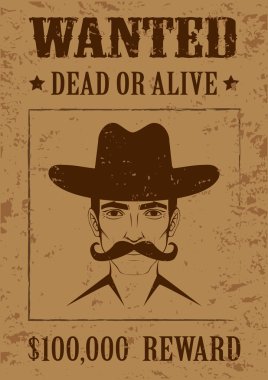 Western vector poster, wanted dead or alive, clipart