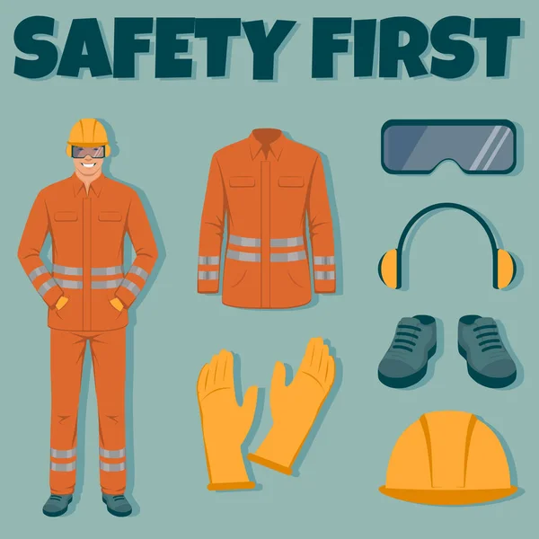 Veiligheidsuitrusting. ingenieur met helm, handschoenen, beschermende bril, kleding en laarzen. Vectorinfografisch — Stockvector