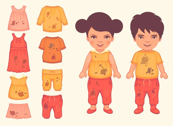 Kids in stained dirty clothes, vector illustration — Stock Vector