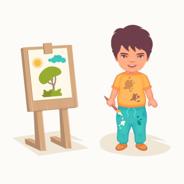 Sevimli sanatçı çocuk, çocuklar resim yapıyor, vektör çizimi yapıyor.