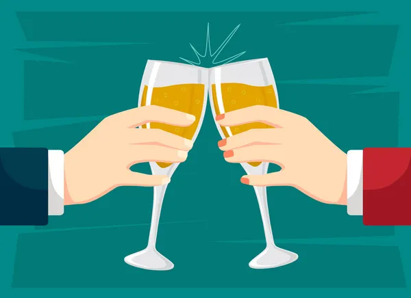 Hands holding glasses of champagne. clink glasses with wine — Stock Vector