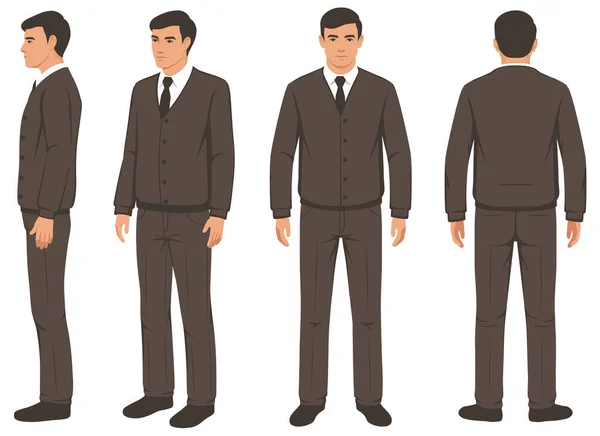 Mode man geïsoleerd, voor, achter en zijaanzicht, vector illustratie — Stockvector
