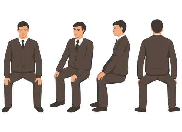 Uomo d'affari in cartone isolato seduto, vista frontale e posteriore — Vettoriale Stock