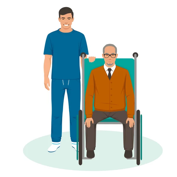 Pielęgniarka z niepełnosprawnym staruszkiem na wózku inwalidzkim. Ilustracja wektora — Wektor stockowy