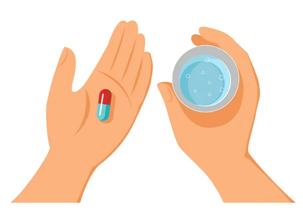 Hender med piller og et glass vann i hendene. vektorillustrasjon – stockvektor