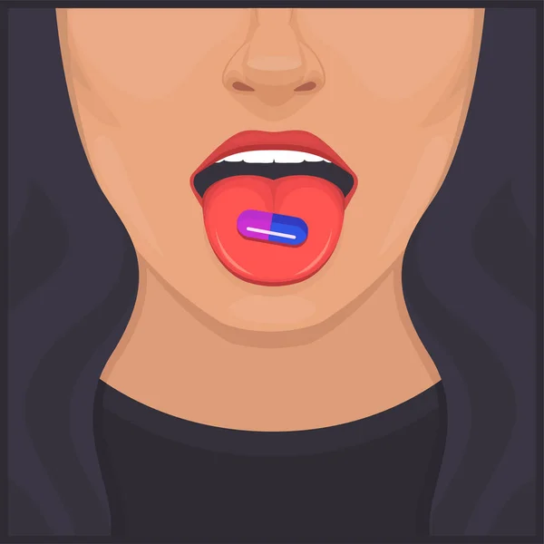 Mouth with pill on tongue, vector illustration — стоковый вектор