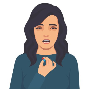 Hasta kadın hap, takviye veya vitamin alıyor. Vektör düz resimleme
