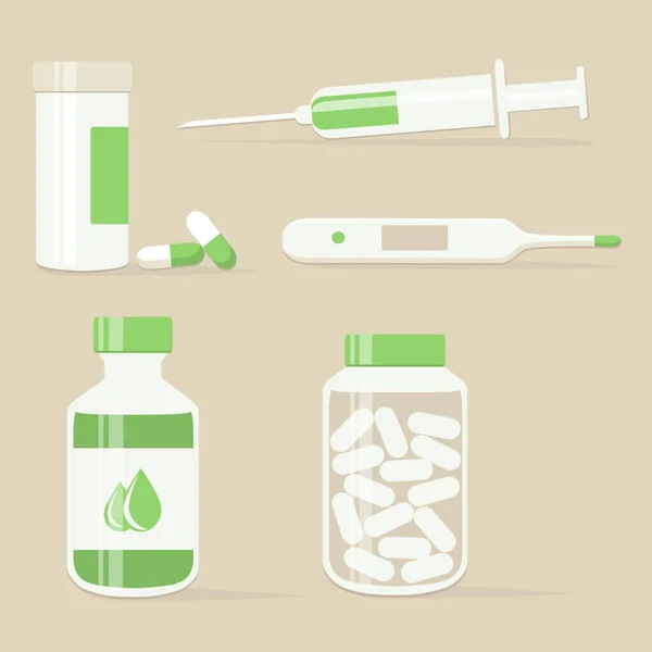 Syringe, pills, syrup and thermometer, vector illustration — 图库矢量图片