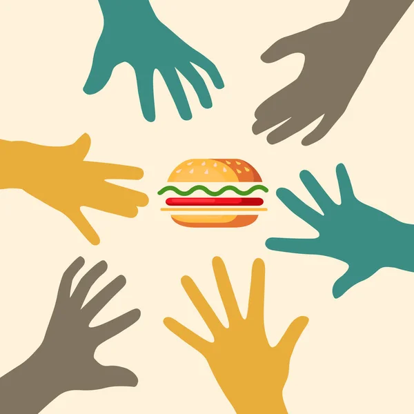 Hand proberen te grijpen hamburger, Fast food, grijpen en gaan, hamburgers — Stockvector