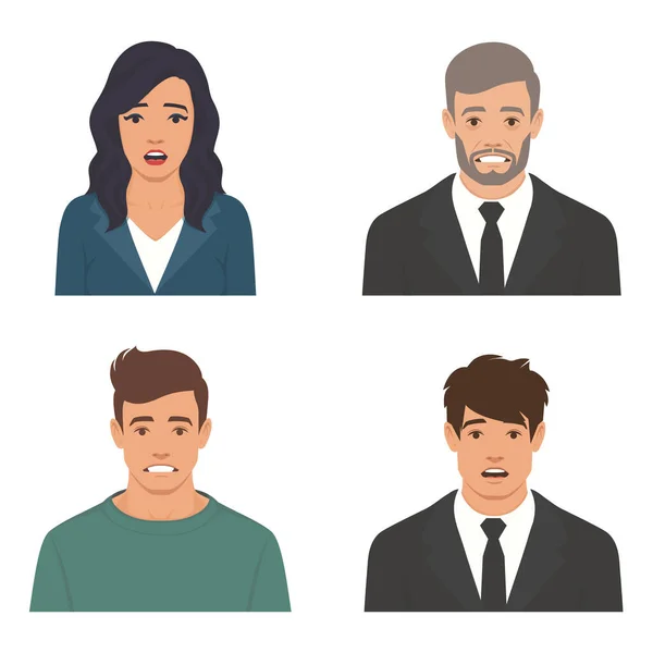 Ilustración vectorial plana, retratos de personas asustadas conmocionadas caras, emoción humana — Archivo Imágenes Vectoriales