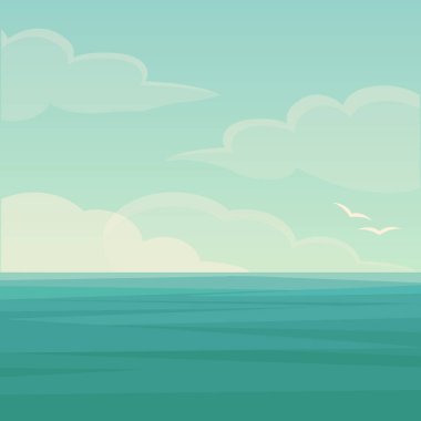 Mavi deniz ve gökyüzünün vektör çizimi, su dalgası, okyanus