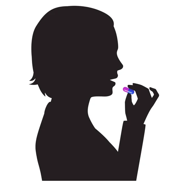 Sick woman takes a pill or supplement or vitamin. Vector flat illustration — 图库矢量图片