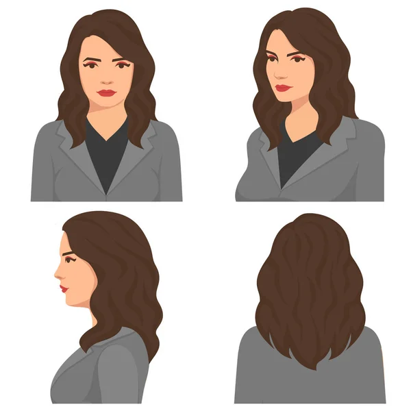 Ilustración vectorial de hermosa cara de mujer sobre fondo blanco. Diversos giros. Cara en vista frontal y cara en vista lateral — Archivo Imágenes Vectoriales