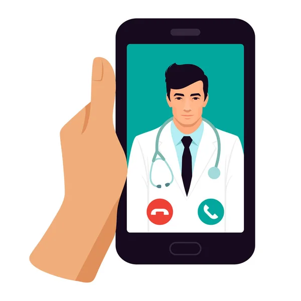 Εικονογράφηση της τηλεϊατρικής, ιατρικές εξετάσεις στο έξυπνο τηλέφωνο, Ασθενής έχοντας σε απευθείας σύνδεση συνομιλία με το γιατρό — Διανυσματικό Αρχείο