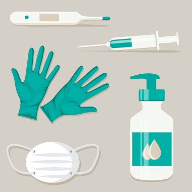 Virüs önleme ilk yardım çantası. Elektronik termometre, tıbbi eldivenler, antiseptik, tıbbi maske, şırınga.