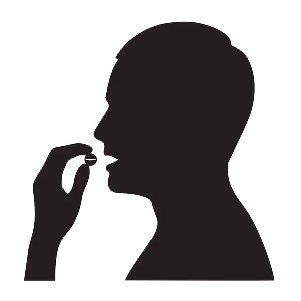 El hombre enfermo toma una píldora o suplemento o vitamina. Ilustración plana del vector — Archivo Imágenes Vectoriales