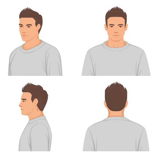 Homem, retrato de rosto masculino, Frente, perfil, vista lateral e verso, ilustração vetorial —  Vetores de Stock