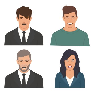 Çizgi film adamı ve kadın gülen, mutlu, gülen insanların yüzleri, vektör karakter çizimi.