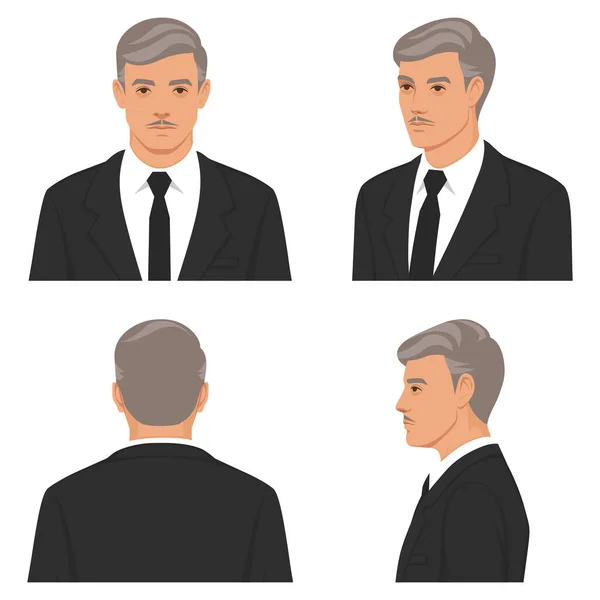 Cara en vista frontal y vista lateral, anciano Frente, lado, espalda, ver personaje animado hombre de negocios. Ilustración vectorial plana. — Archivo Imágenes Vectoriales