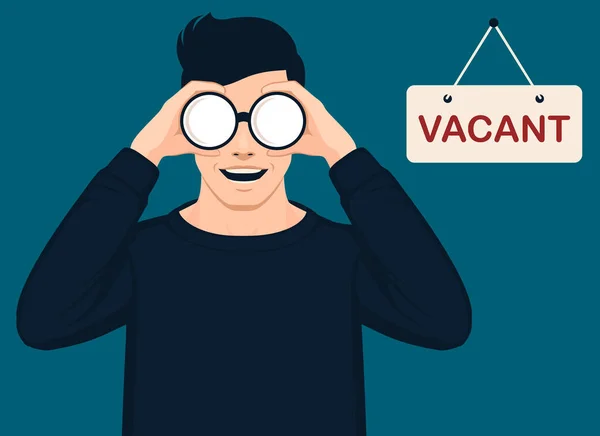 Empresario gerente con prismáticos, únete a nosotros vacante reclutamiento abierto y el concepto de contratación, ilustración vector hr equipo — Vector de stock