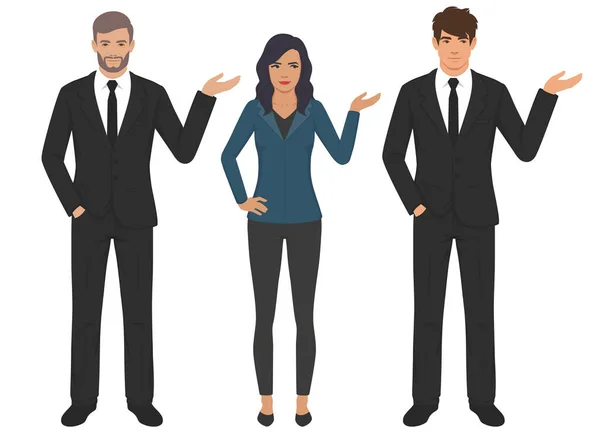 Business woman and man in poses set. gestures pointing, showing, standing, isolated vector illustration — Stock Vector