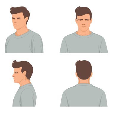 adam, erkek yüz portresi, ön, profil, yan görünüm ve arka, vektör illüstrasyonu