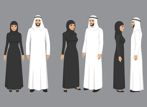 Pasangan Arab dalam Pakaian Tradisional, Timur Tengah, pasangan Arab, Rakyat, keluarga Arab. Arabian pria dan wanita, Vector ilustrasi - Stok Vektor