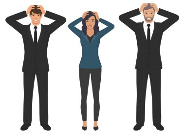 Panik ve korku konsepti. Yanaklara dokunan bir grup genç, panik vektörü illüstrasyonundan çok korkuyor.