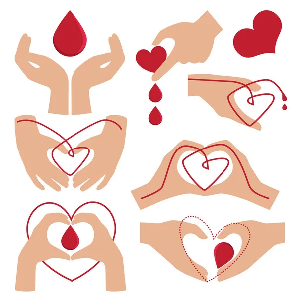 Hände mit Herzform auf rotem Hintergrund, Blutspende, Blutspenderhintergrund, Medizinischer Hintergrund. Mensch spendet Blut — Stockvektor