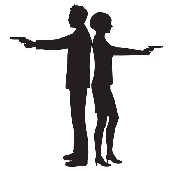 Secret Service Agents Standing Back Back Guns Vector Illustration Detective — Archivo Imágenes Vectoriales