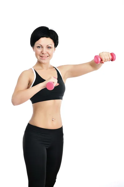 Porträt einer jungen Fitness-Frau mit Kurzhanteln — Stockfoto